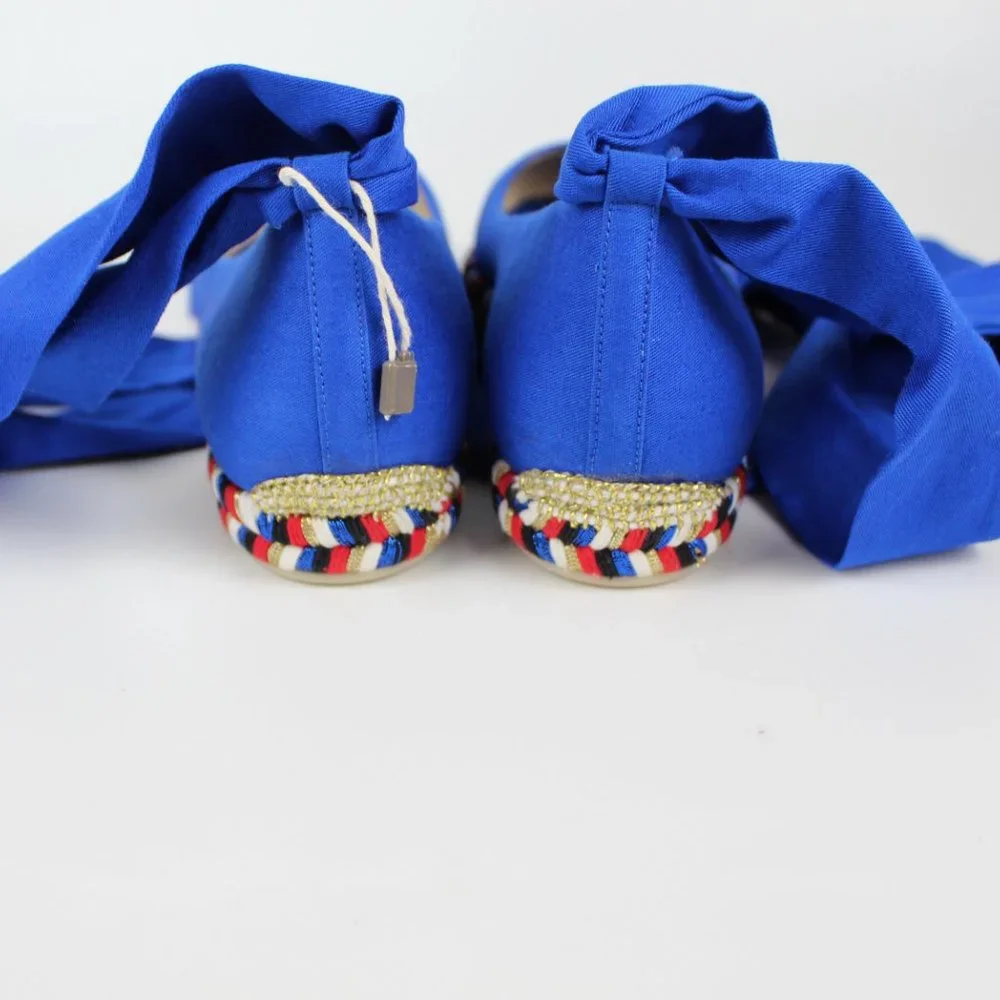 NEW Christian Louboutin Espadrilles Flats with Ribbon Ties, Canvas, Blue, EU 37